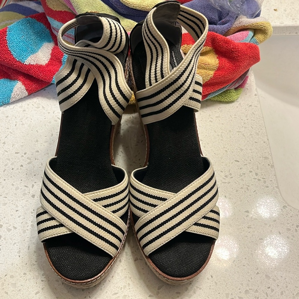 Tory Burch Navy Stripe Espadrille Wedge